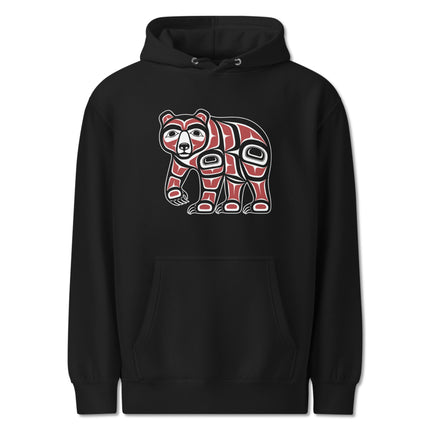 Pacific Northwest bear art hoodie featuring traditional tribal formline designs.