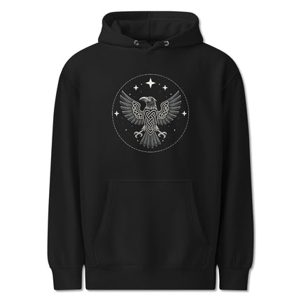 Norse raven wings hoodie featuring intricate Viking knotwork and mythological pullover design.