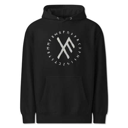 Norse Viking Elder Futhark rune design on a unisex pullover hoodie featuring luck bind symbols.