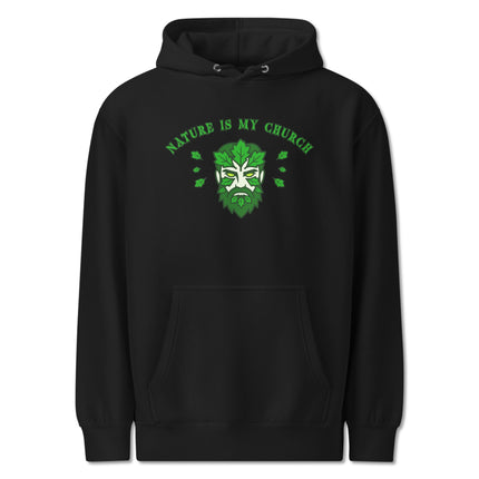 Nature Is My Church green man graphic pullover hoodie featuring earth spirit designs.