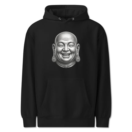 Laughing Buddha Hotei graphic pullover hoodie design for zen vibes.