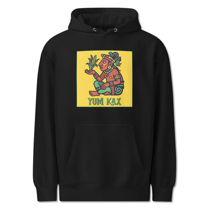 Mayan Corn God artwork printed on a unisex pullover fleece hoodie featuring Mesoamerican style.