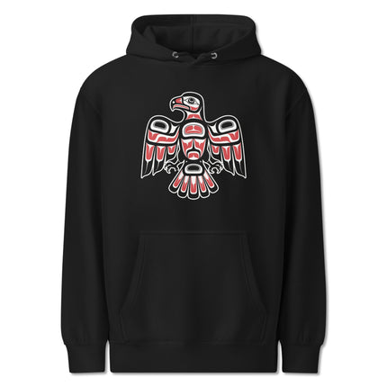Northwest Coast tribal hawk symbol pullover hoodie featuring indigenous art print on fleece.