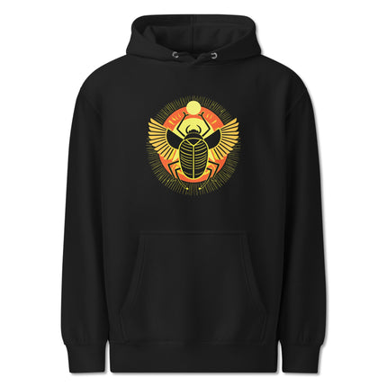 Egyptian Khepri scarab winged design on a unisex pullover hoodie featuring ancient Egyptian art.