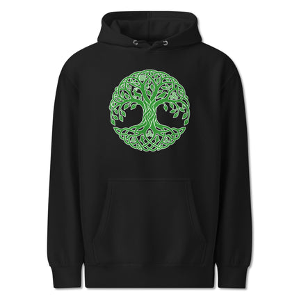 Celtic Tree of Life knotwork graphic on an Irish green pullover hoodie featuring traditional Celtic designs.