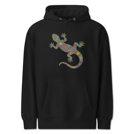 Colorful Mexican Huichol lizard and gecko folk art pullover hoodie design print.
