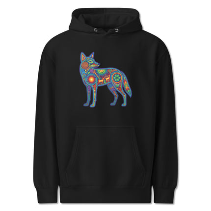 Colorful Huichol coyote art pullover hoodie, featuring vibrant indigenous Mexican folk patterns.