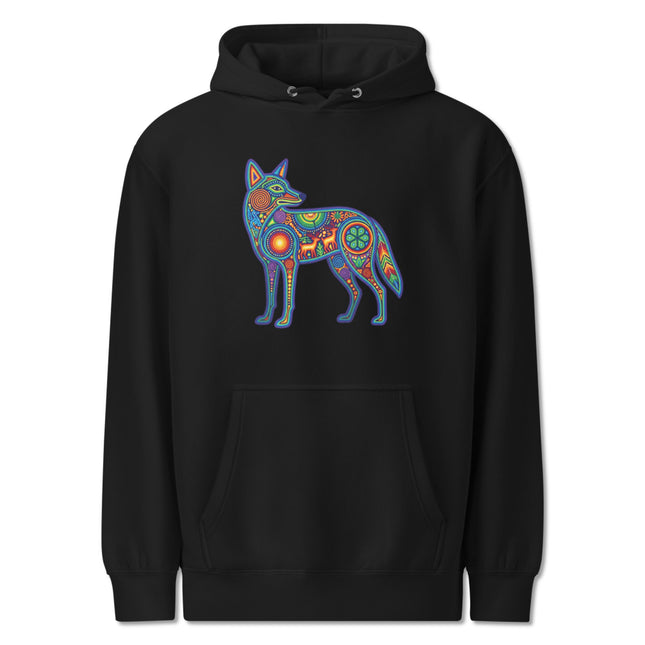 Huichol Coyote Hoodie | Colorful Indigenous Mexican Folk Art Pullover Hoodie