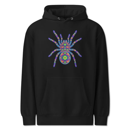 Vibrant Huichol tarantula spider art hoodie featuring Mexican folk patterns and designs.