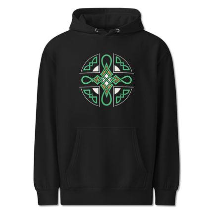 Green and gold Celtic Cross hoodie featuring intricate Irish knotwork pattern on a unisex pullover sweatshirt.