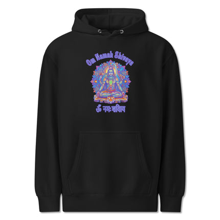 Om Namah Shivaya mantra graphic on a spiritual Shiva meditation hoodie pullover.
