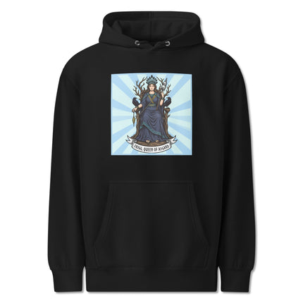 Norse goddess mythology hoodie featuring Frigg, Queen of Asgard, with a raven throne design print.
