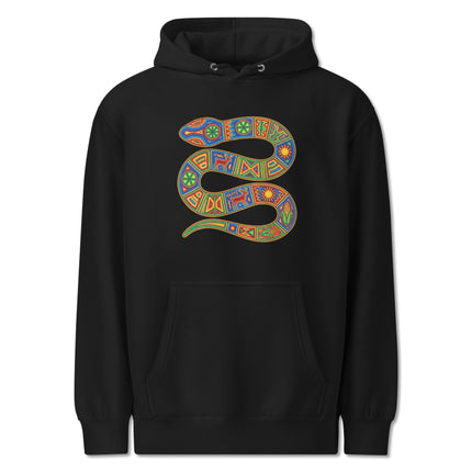 Colorful Naaye snake hoodie featuring traditional Huichol indigenous Mexican folk art design.