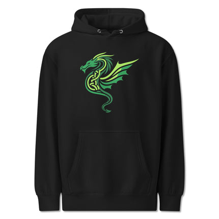 Unisex pullover hoodie featuring a green and black Celtic dragon graphic print design.
