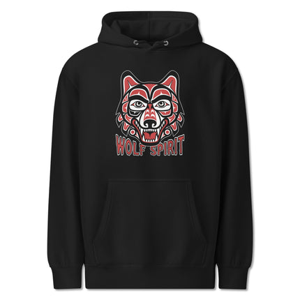 Haida art wolf spirit tribal design pullover hoodie, featuring Pacific Northwest motifs.