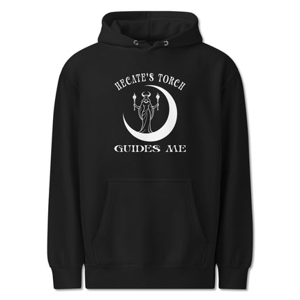 Hecate's Torch Guides Me witchy goddess hoodie featuring crescent moon celestial design.
