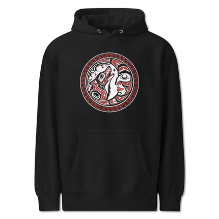 Formline Grandmother Moon sacred circle tribal mask art printed on a cozy hoodie.