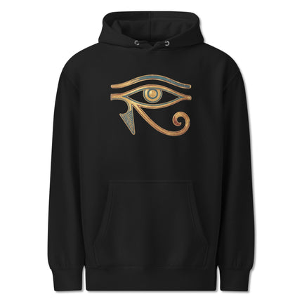 Blue and gold Eye of Horus hoodie featuring an ancient Egyptian Wadjet symbol print.