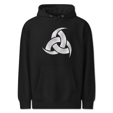 Triple Horn of Odin Norse mythology graphic hoodie featuring Viking symbolism.