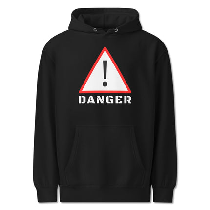 DANGER warning sign graphic on black fleece pullover hoodie with exclamation mark print.