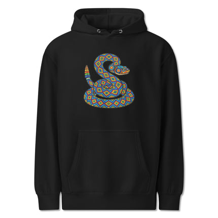 Vibrant Huichol rattlesnake geometric folk art pullover hoodie design.