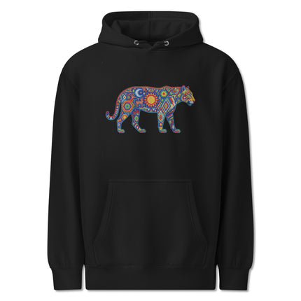 Vibrant Huichol jaguar graphic print pullover fleece hoodie featuring indigenous folk art.