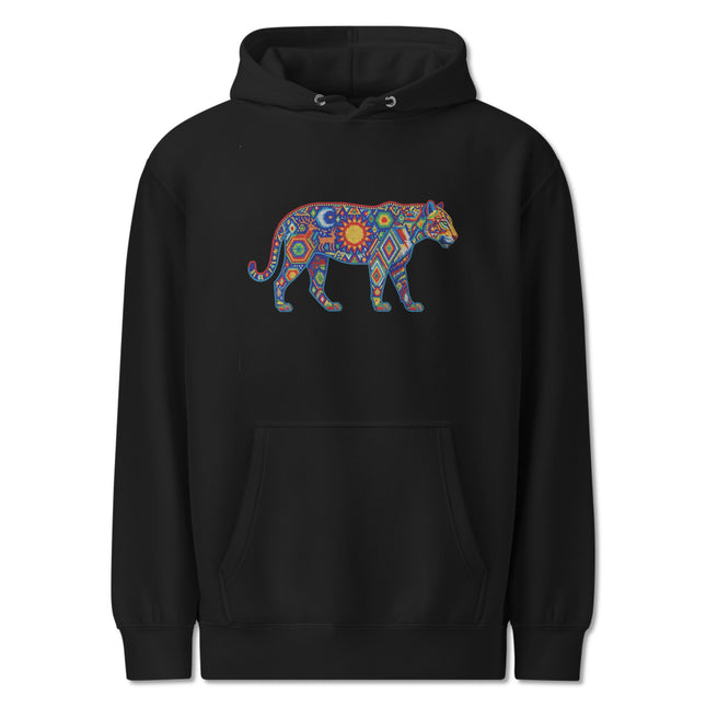 Colorful Huichol Jaguar Hoodie | Indigenous Folk Art Graphic Pullover Fleece
