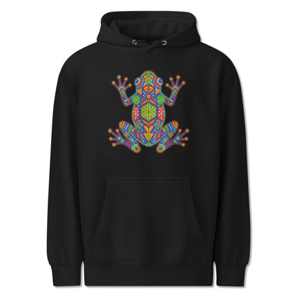 Huichol art frog design on a colorful graphic pullover fleece hoodie featuring Mexican indigenous style.
