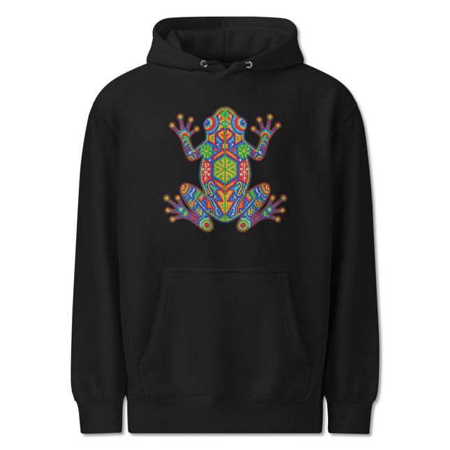 Huichol Frog Hoodie | Vibrant Mexican Indigenous Art Graphic Pullover Fleece