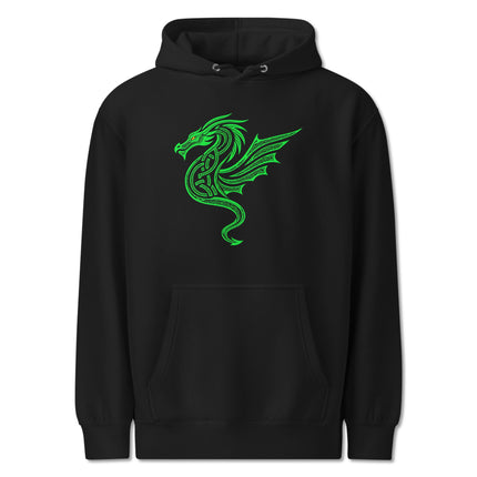 Green celtic knotwork dragon graphic hoodie featuring detailed unisex pullover sweatshirt design.