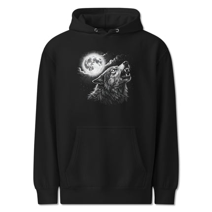 Howling wolf graphic on a pullover hoodie with full moon and starry night sky design.