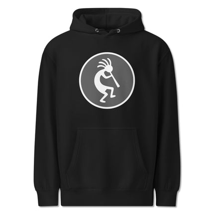Tribal Kokopelli figure playing a flute on a unisex pullover hoodie sweatshirt.