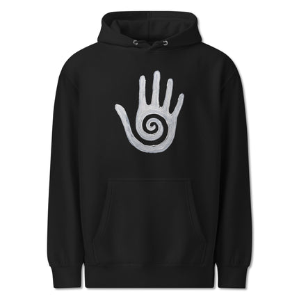 Hopi healing hand and spiral symbol artwork printed on a comfortable pullover hoodie.
