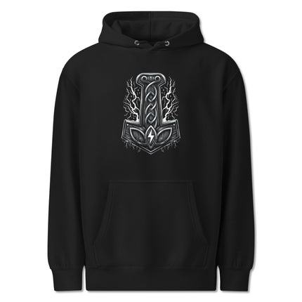 Norse Mjolnir hammer graphic on a unisex pullover hoodie featuring lightning and Viking art.