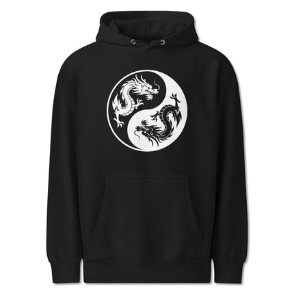 Chinese dragon and twin serpent yin yang graphic printed on unisex pullover hoodie.