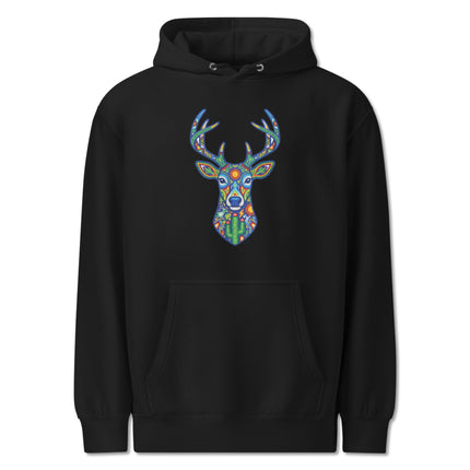 Mexican Huichol deer artwork hoodie featuring vibrant indigenous folk patterns.
