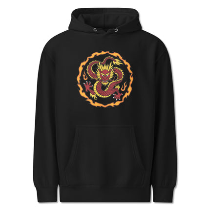 Chinese dragon hoodie featuring a fiery serpent design and vibrant flames. Unisex pullover.