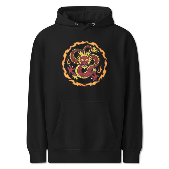 Fiery Chinese Dragon Hoodie | Serpent With Flames Print Unisex Pullover