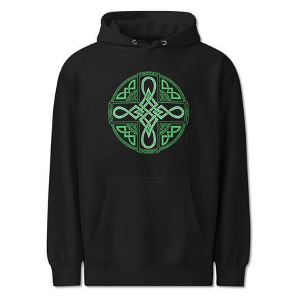 Green knotwork Celtic Cross design on an Irish pride unisex pullover hoodie sweatshirt.