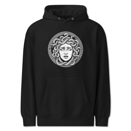 Gorgon Medusa head hoodie with snake hair and Greek key pattern pullover print.