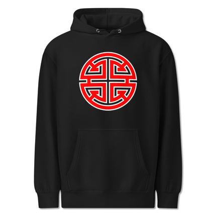 Red Lu Prosperity Symbol graphic print pullover fleece hoodie featuring Chinese cultural design.