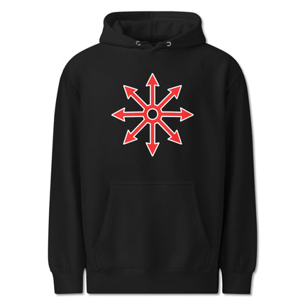 Chaos Star Symbol graphic print on unisex pullover fleece hoodie.