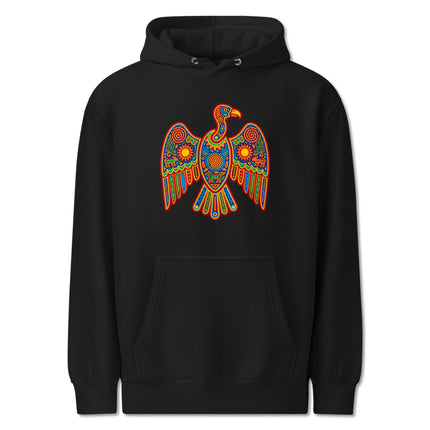 Colorful Huichol indigenous art graphic featuring a vulture design on a pullover hoodie.