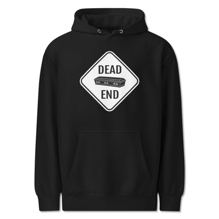 Dead End Coffin Road Sign dark humor graphic printed on pullover fleece hoodie.