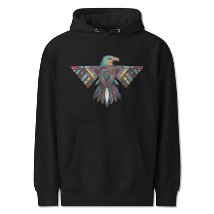 Colorful geometric Thunderbird hoodie featuring vibrant Native American inspired patterns.