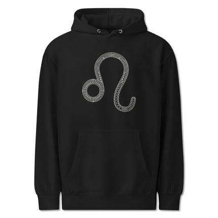 Intricate Leo zodiac sign symbol on a black pullover hoodie.