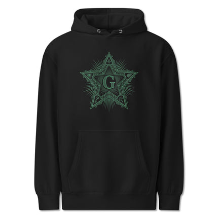 Masonic Blazing Star sacred geometry graphic on a pullover hoodie.