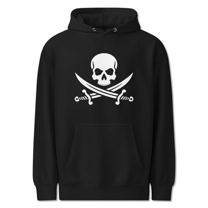 Jolly Roger skull sabers hoodie featuring pirate quote: "Take What Ye Can.