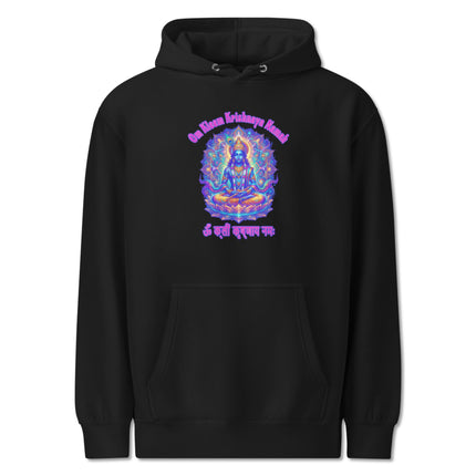 Om Kleem Krishnaya Namah Krishna spiritual mantra pullover hoodie with colorful art print.