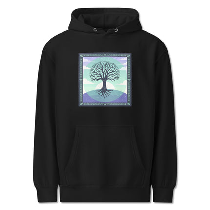 Mystical Celtic Tree of Life graphic on a unisex hoodie featuring intricate nature roots design.